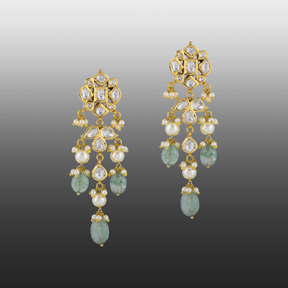 Floral Polki Earrings with Emerald & Pearls
